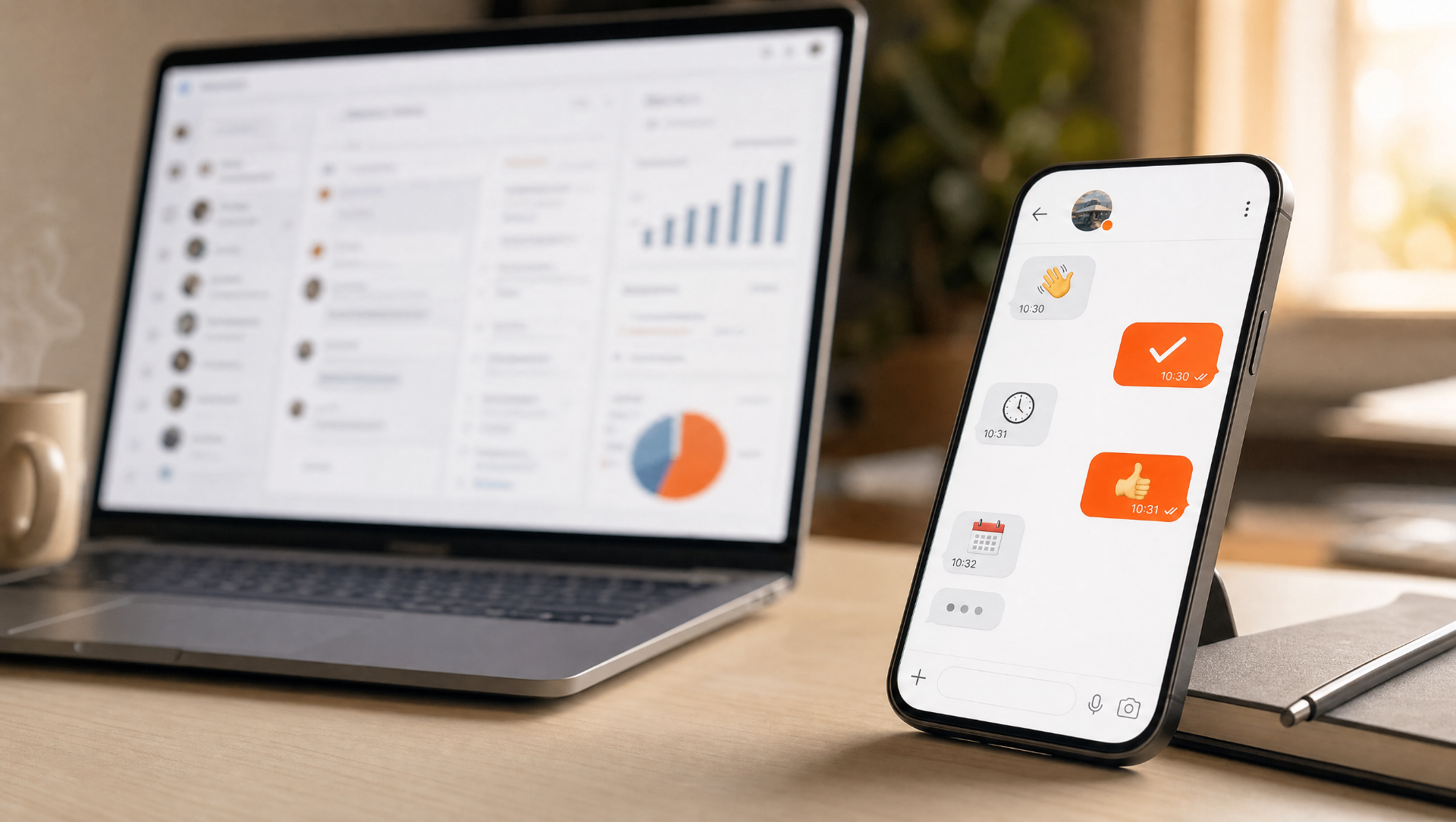 Agenci AI 2.0 — pulpit z dashboardem i smartfon z automatyzacją powiadomień