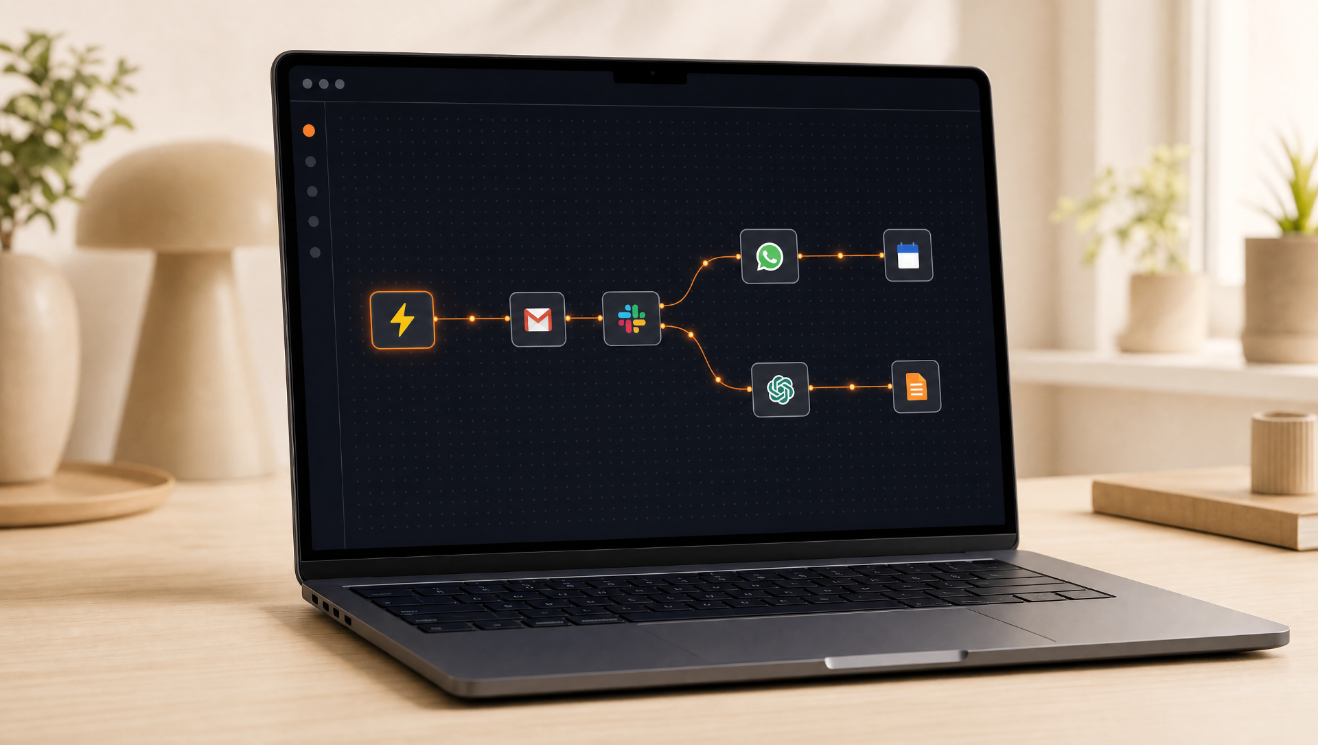 Agenci AI — workflow na MacBooku łączący Gmail, Slack, WhatsApp, ChatGPT, Kalendarz i dokumenty